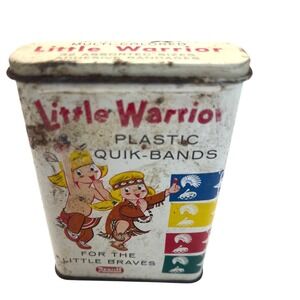 Vintage Little Warrior Plastic Quik Bands Tin with Bandages Rexall‎ Drug Company